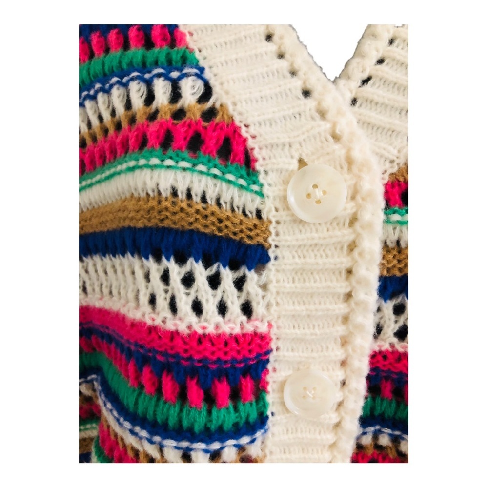 Vigoss Cream multistriped crochet‎ knit grandpa cardigan sweater size large new - Picture 5 of 16
